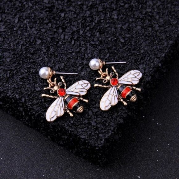 Red Enamel Glaze Bumble Bee Pearl Crystal Gold Statement Dangle Earrings - Picture 7 of 8